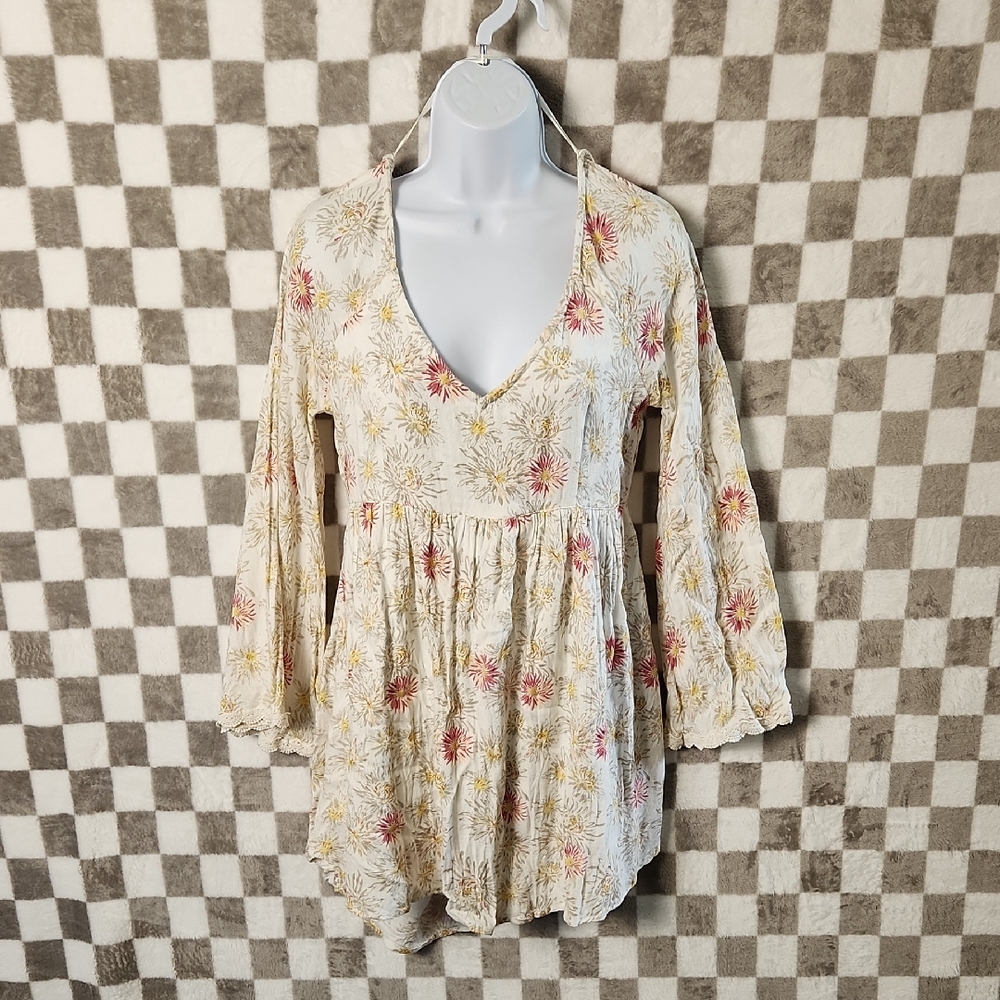 O'neill smock dress peep back Floral cream white v-neck long sleeve boho surf  S